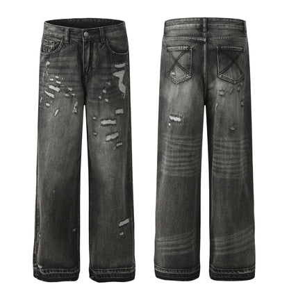 Washed Damage Straight-Leg Denim Jeans WN11395