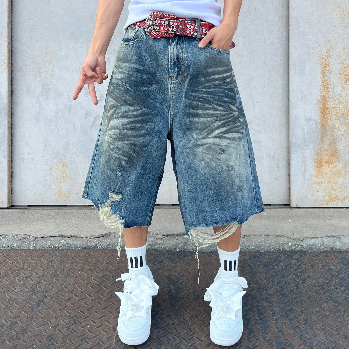 Damage Wash Wide Leg Denim Half Pants WN24078