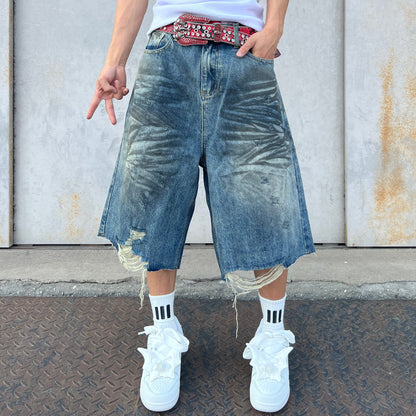 Damage Wash Wide Leg Denim Half Pants WN24078