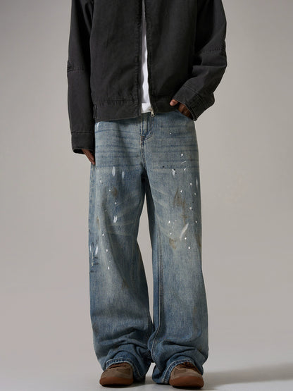 Splash Ink Damage Straight Leg Denim Jeans WN8989