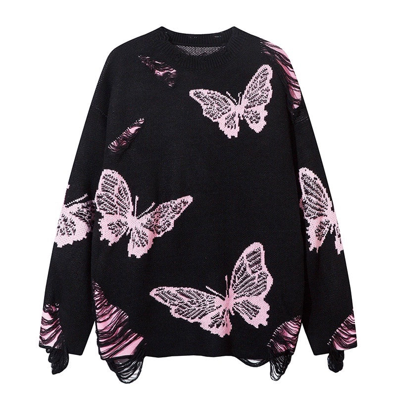 Butterfly Damage Oversize Knit Sweater WN10901