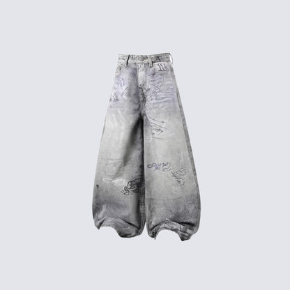 Print Graffiti Wide Leg Denim Jeans WN27844