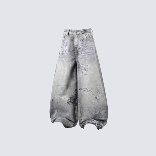 Print Graffiti Wide Leg Denim Jeans WN27844
