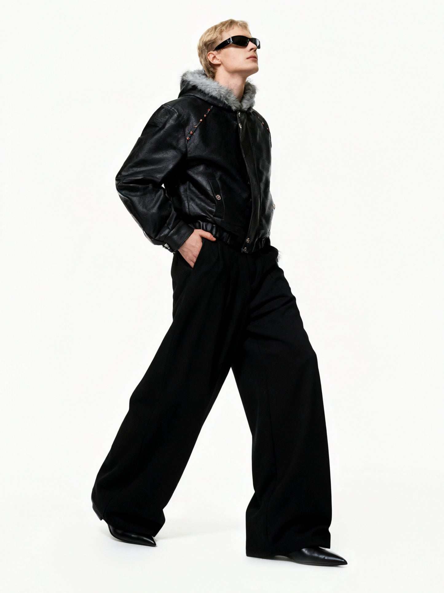 Hooded Fake Fur Collar PU Leather Jacket WN22594