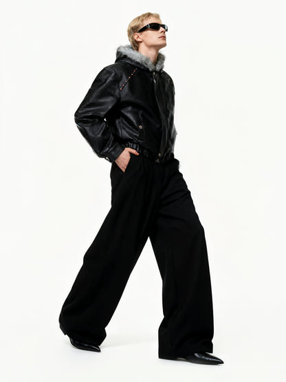 Hooded Fake Fur Collar PU Leather Jacket WN22594