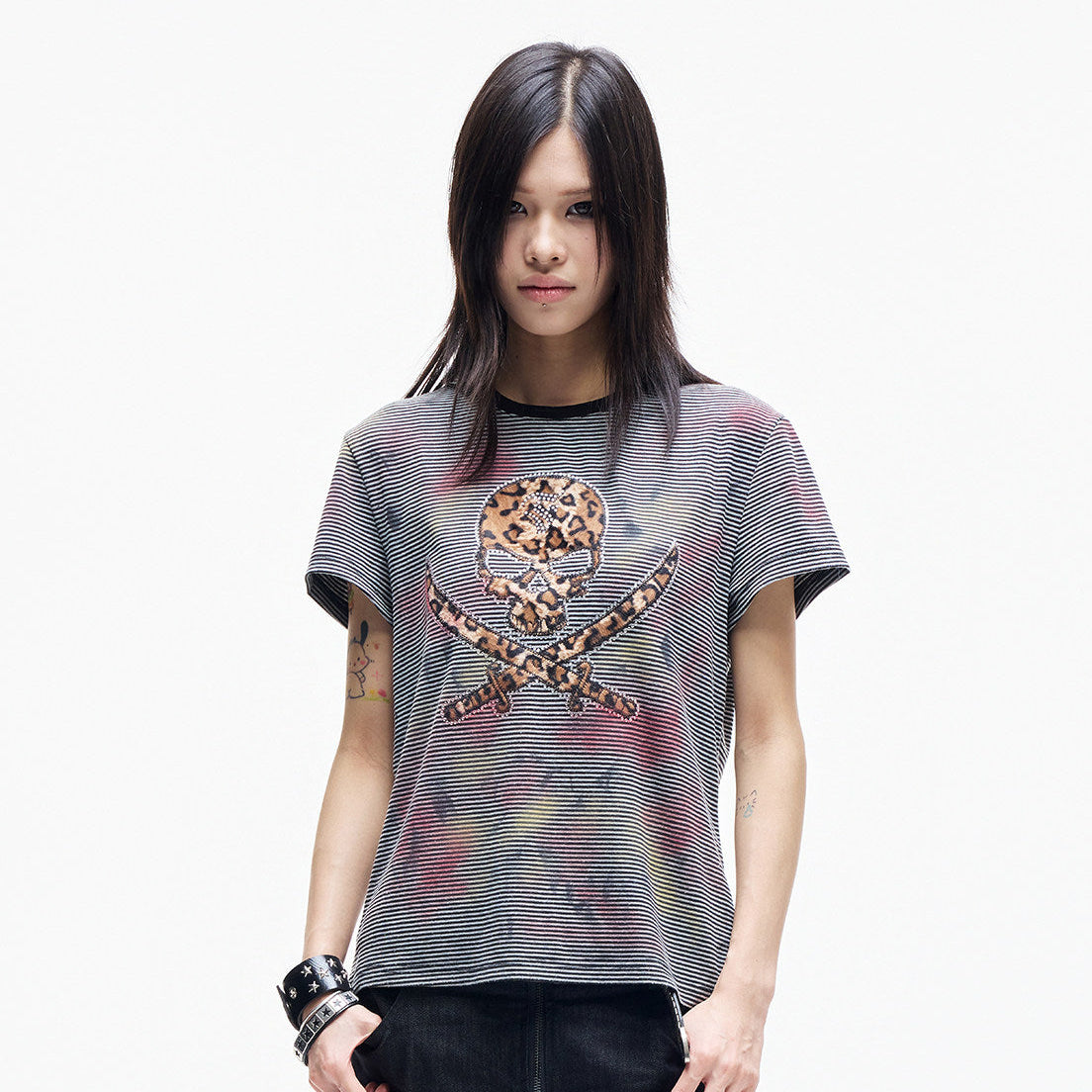 Leopard Skull Patch Stripe Short Sleeve T-Shirt WN27368