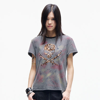 Leopard Skull Patch Stripe Short Sleeve T-Shirt WN27368
