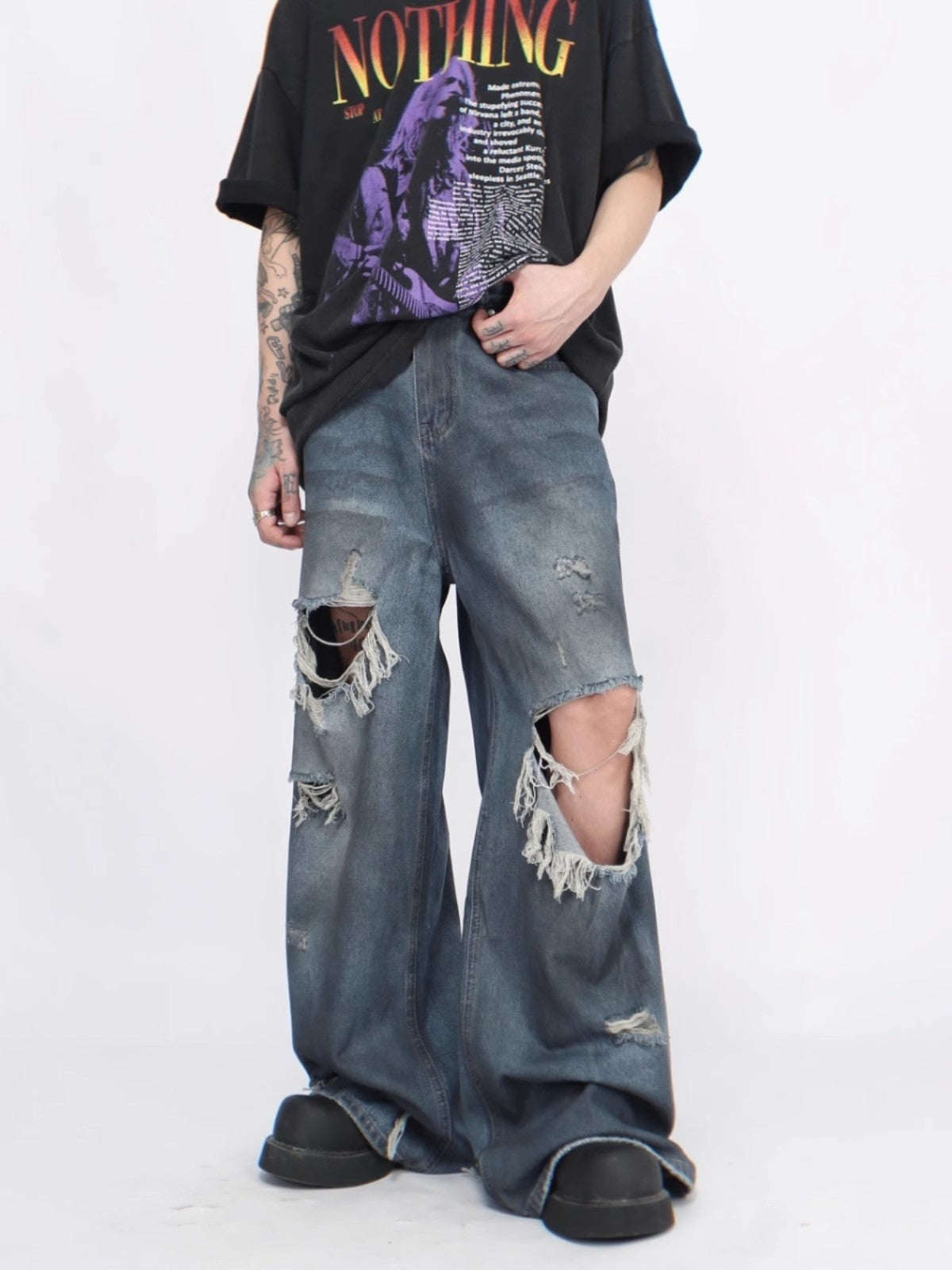 Washed Damage Wide-Leg Straight Denim Jeans WN6949