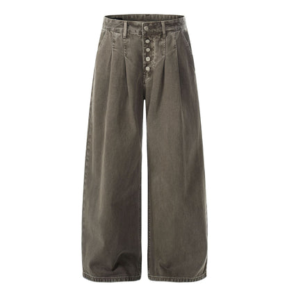 Multi-Button Pleats Wide Leg Barrel Denim Jeans WN26116
