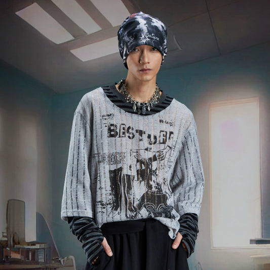 Stripe Print Fake Layered Long Sleeve T-Shirt WN21357