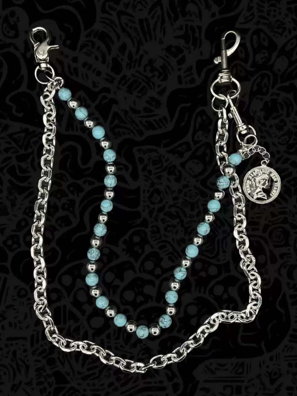WN23191 Another Day x Blue Background Black Turquoise Hand-Beaded Jeans Chain Street Hanging Chain Detachable on One Side WN23191