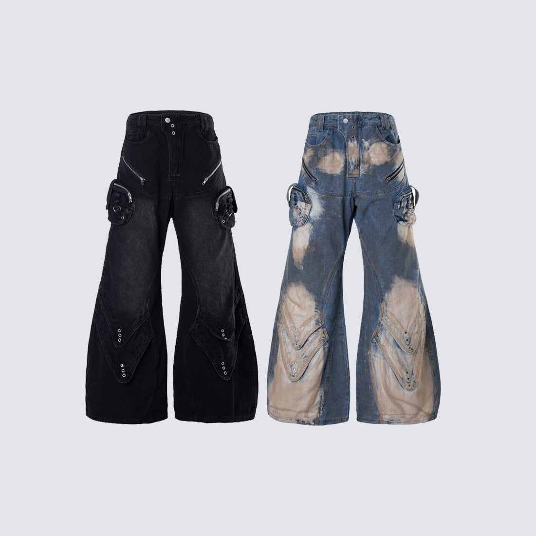 Bleached Damage Multi-Pocket Wide Leg Denim Jeans WN27797