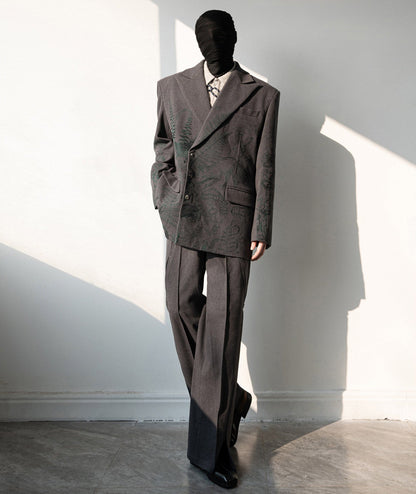 Heavy Embroidery Shoulder-Pad Oversize Tailored Jacket & Wide Leg Trousers Setup WN23648