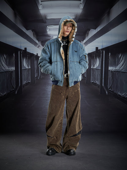 Washed Denim Leopard Fake Fur Eagle Hooded Puffer Jacket WN22835