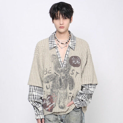 Fake Layered Plaid Sleeve Graphic Print Long Sleeve T-Shirt WN24484
