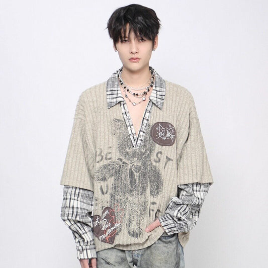 Fake Layered Plaid Sleeve Graphic Print Long Sleeve T-Shirt WN24484