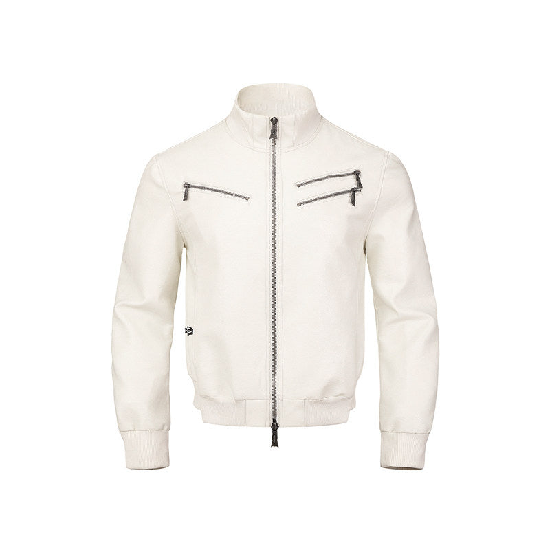 Contrast Embroidery Thorn Eye PU Leather Jacket WN27425