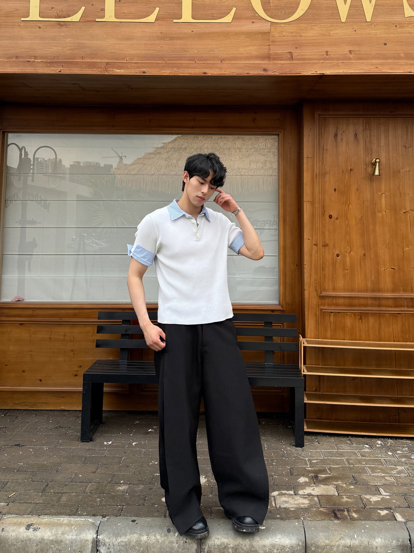 Fake Layered Stripe Collar Short Sleeve Polo Shirt WN24899