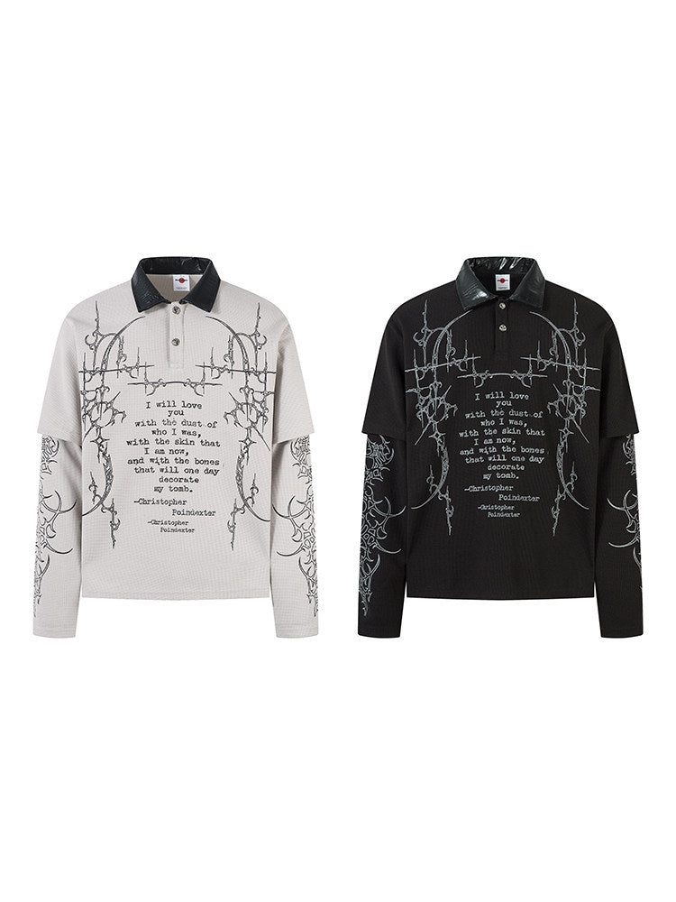Dark Print Fake Layered Waffle Long Sleeve Polo T-Shirt WN24207