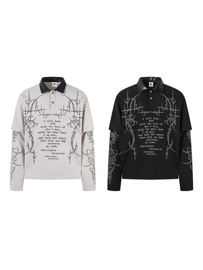 Dark Print Fake Layered Waffle Long Sleeve Polo T-Shirt WN24207