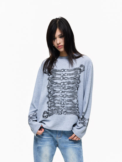 Skeleton Graphic Oversize Waffle Long Sleeve T-Shirt WN27254