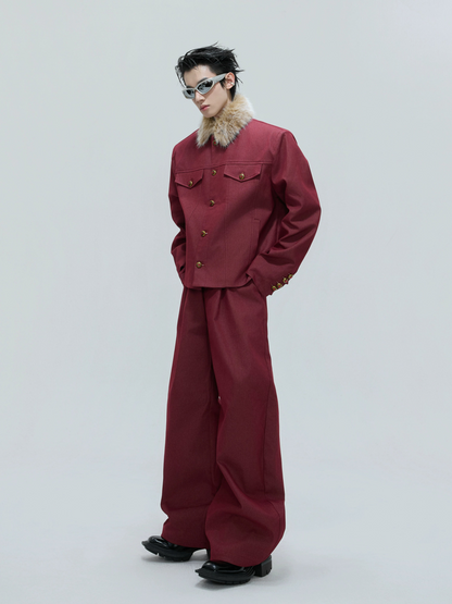 Fur Collar Gem Button Standing-Collar Short Jacket & Trousers Setup WN21733