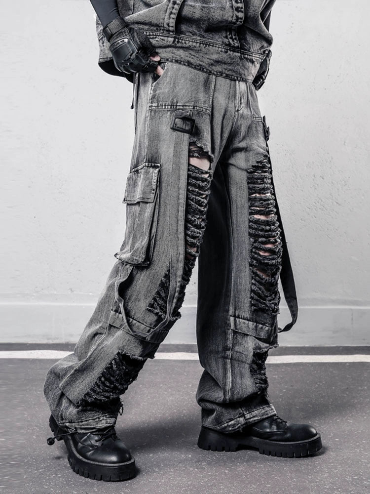 Ribbon Strap Damage Wash Wide Leg Denim Jeans WN22448