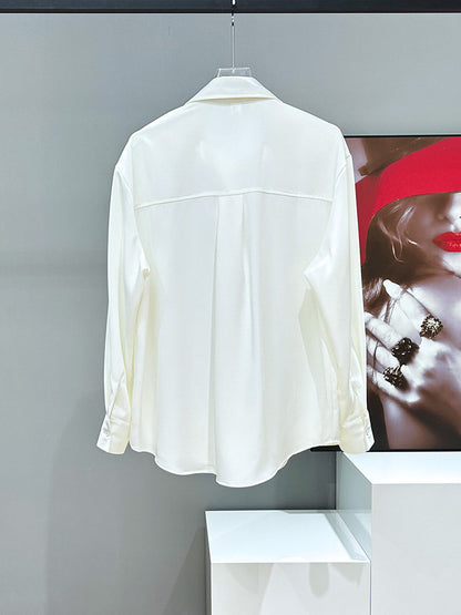 Shoulder-pad Lapel Drape Pearl Tie Long Sleeve Shirt WN23914