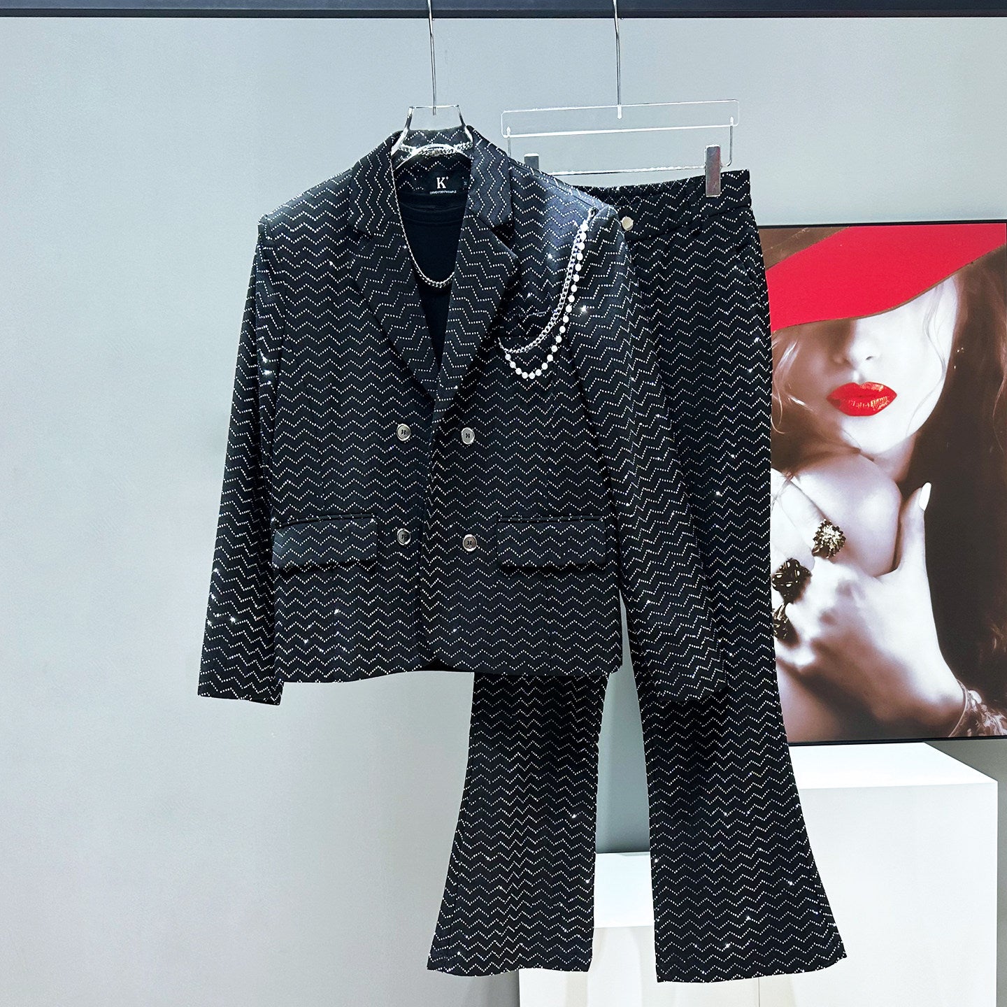 Rhinestone Tailored Jacket & Flare Trousers Setup WN23921