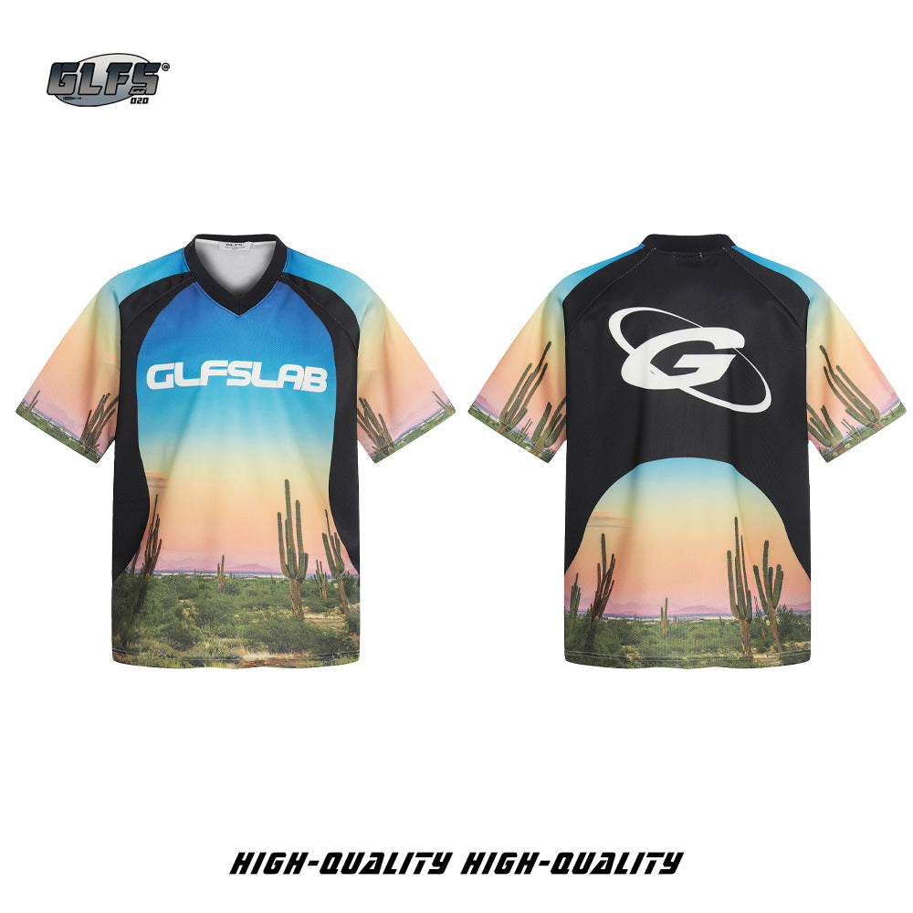 V-Neck Desert Landscape Print Short Sleeve T-Shirt WN26532