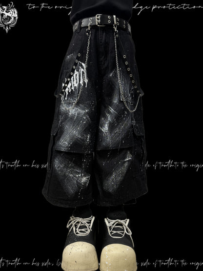 Cropped Paint Graffiti Cargo Wide Leg Denim Jeans & Skull Belt & Cross Belt & Belt Chain WN23810