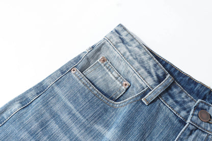 Damage Whisker Washed Wide Leg Denim Jeans WN25948