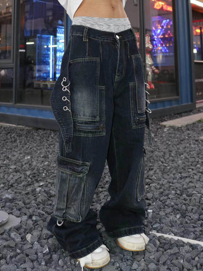 Deconstructed Pocket Washed Damage Wide Leg Cargo Denim Jeans WN24102