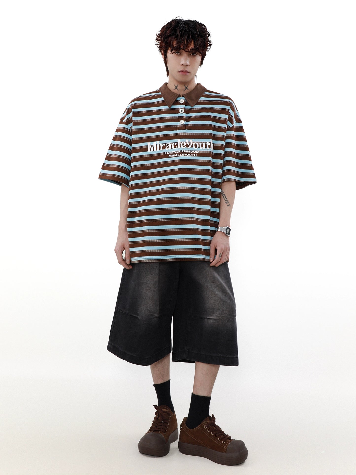 Oversize Stripe Short Sleeve Polo Shirt WN7531