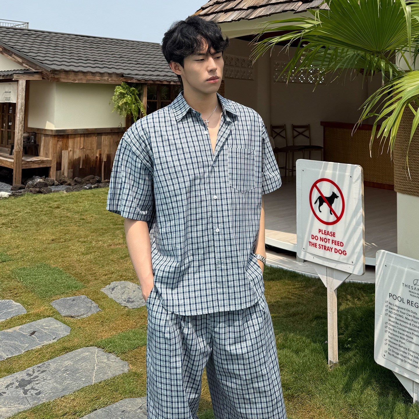 Check Short Sleeve Shirt & Wide Leg Pants Setup WN25031