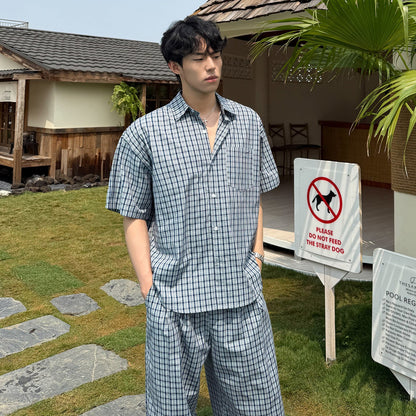Check Short Sleeve Shirt & Wide Leg Pants Setup WN25031