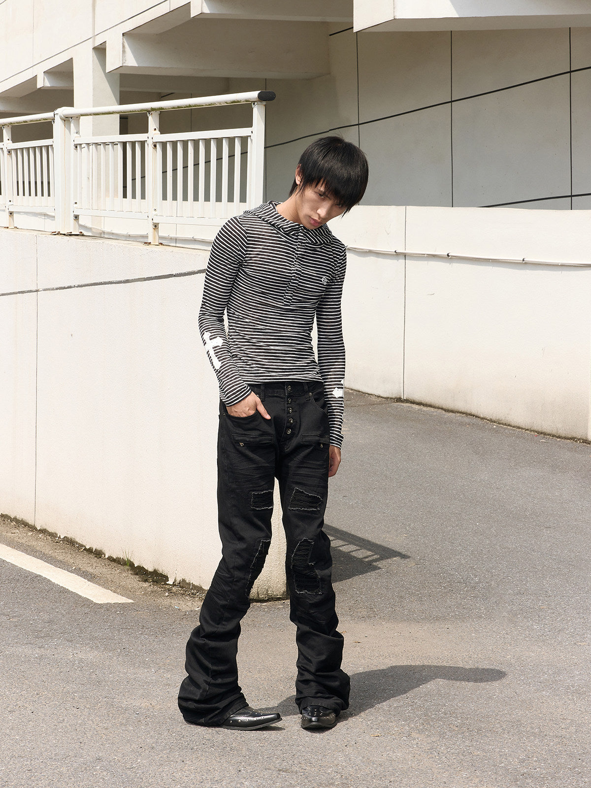Stripe Cross Print Snap Button Hoodie WN27253