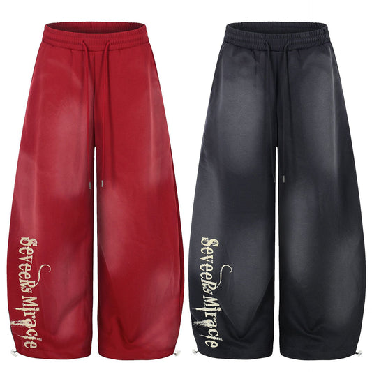 Washed Gradient Logo Print Wide Leg Sporty Pants WN25526