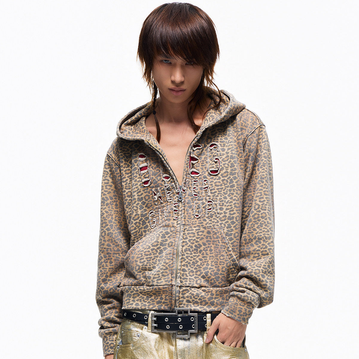 Leopard Damage Patch Double-Zipper Hoodie WN27371