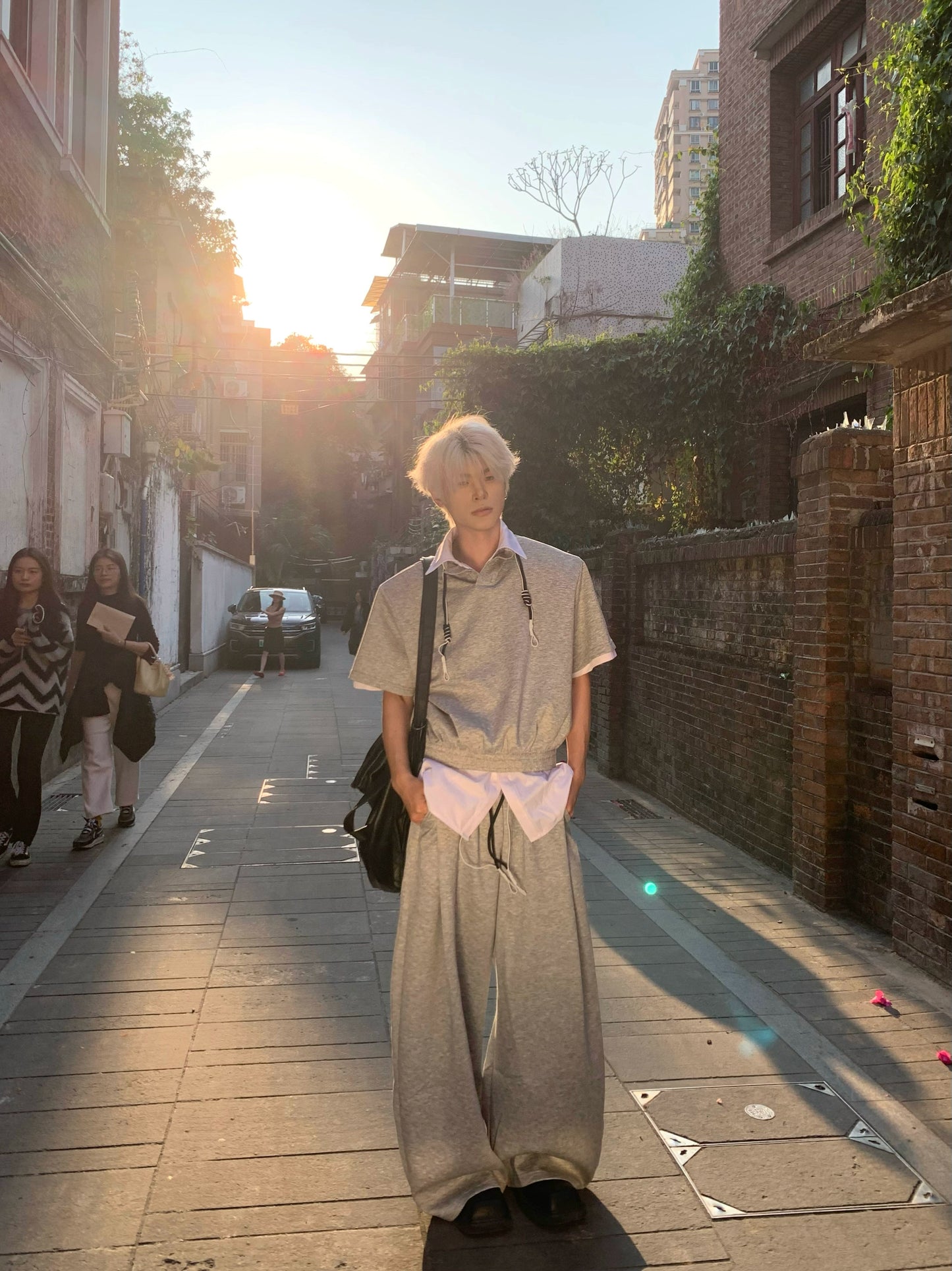 Drawstring Short Sleeve Polo shirt & Straight Leg Pants Setup WN19876