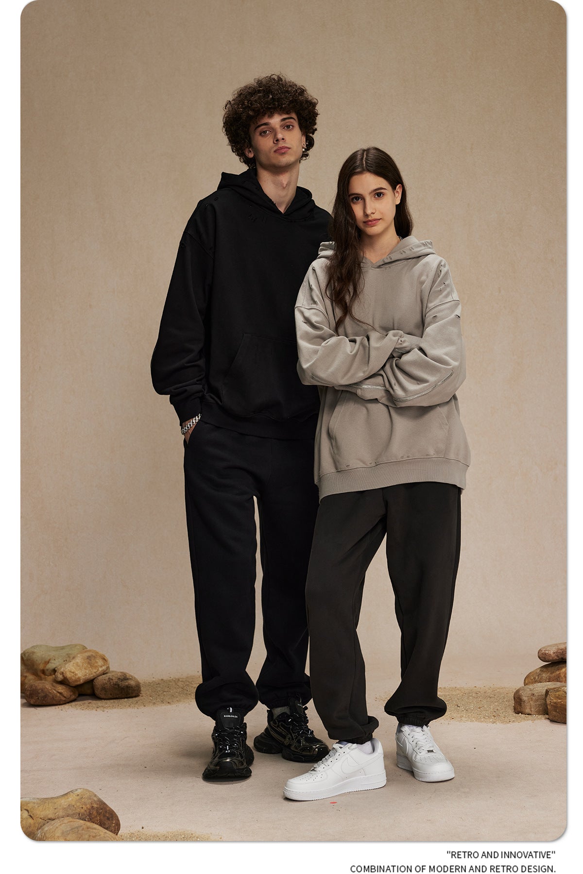 Oversize Zipper Design Damage Hoodie WN9979