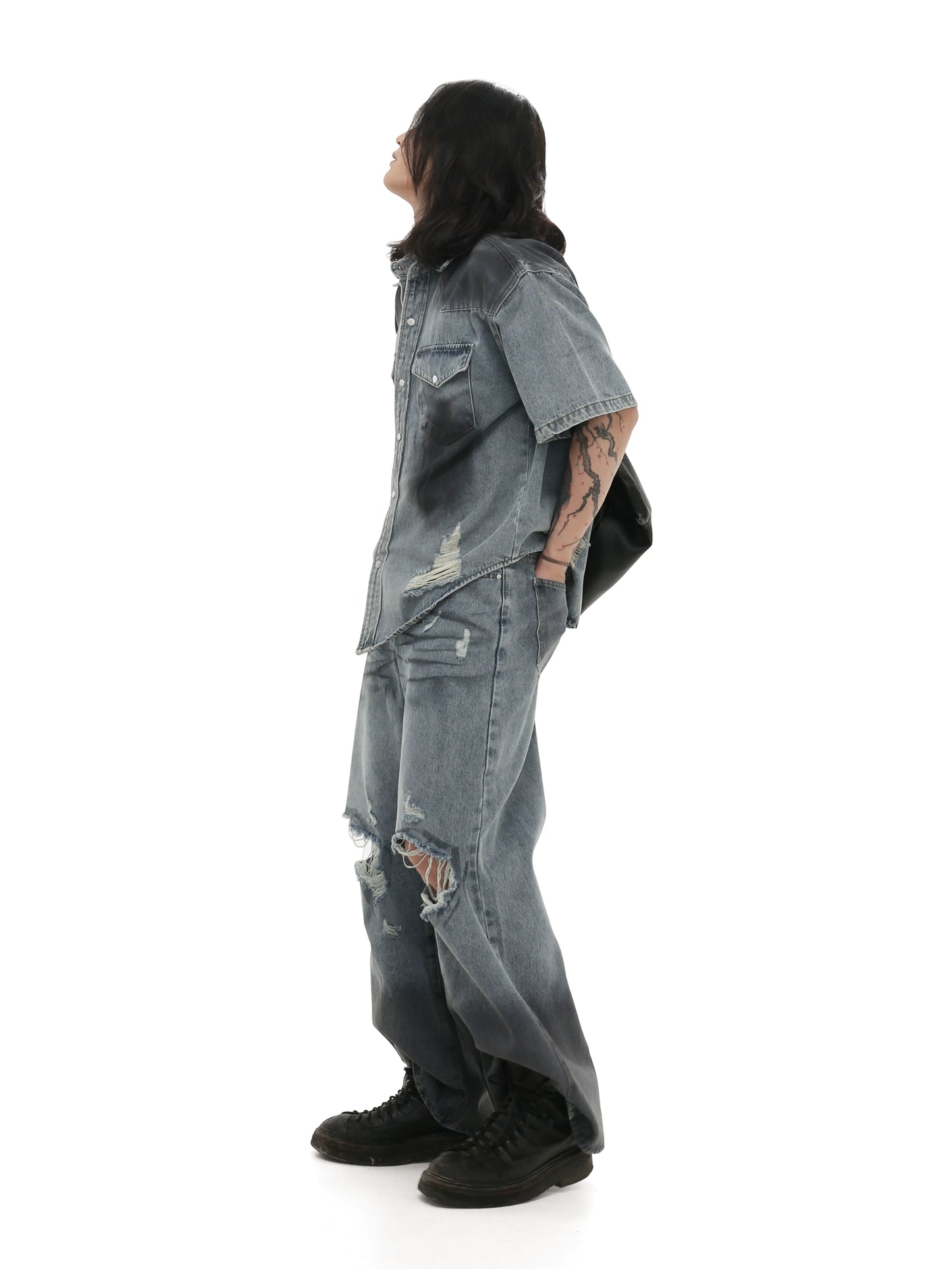 Damaged Denim Short Sleeve Shirt & Denim Jeans Setup WN7982