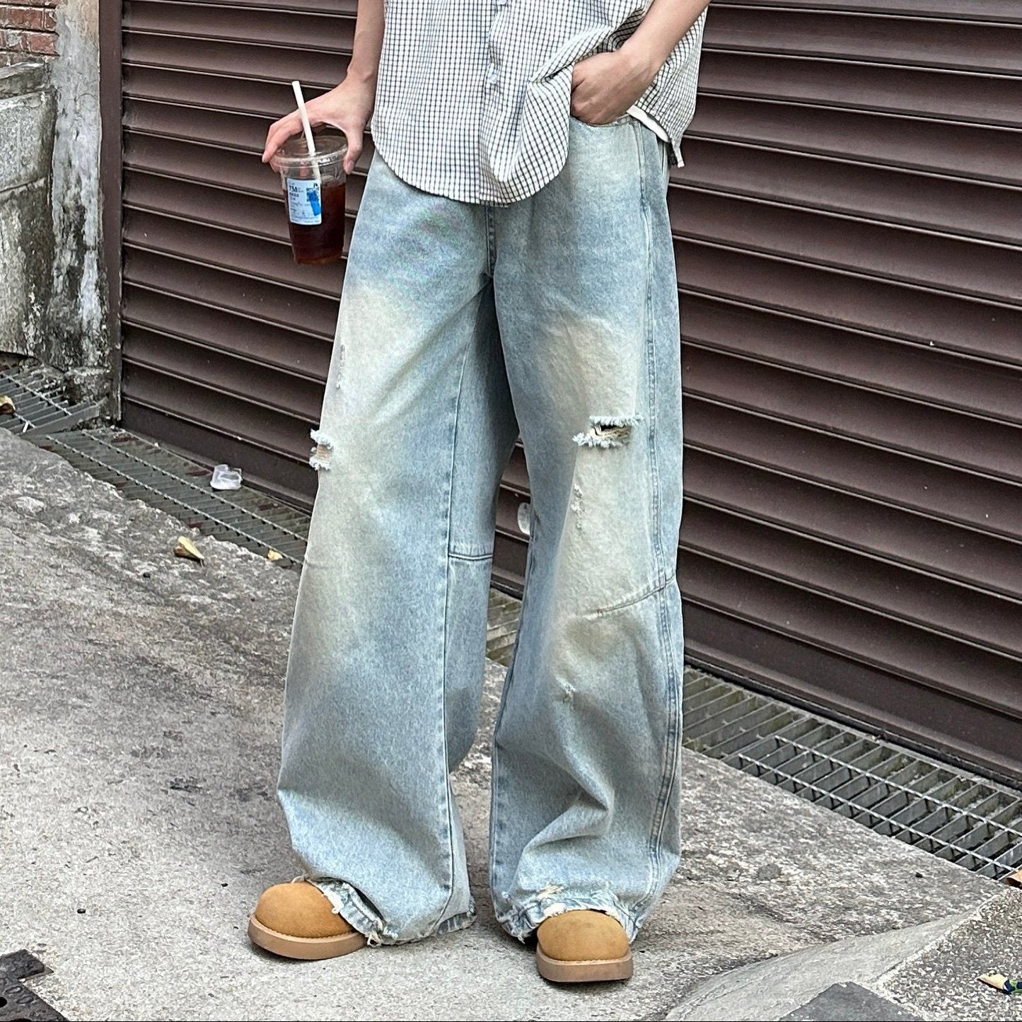 Wash Damage Wide Leg Long Denim Jeans WN25261