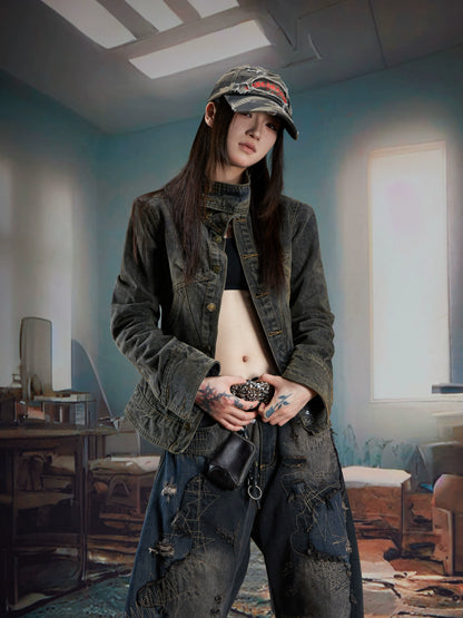 Washed Stand Neck Denim Jacket WN21344