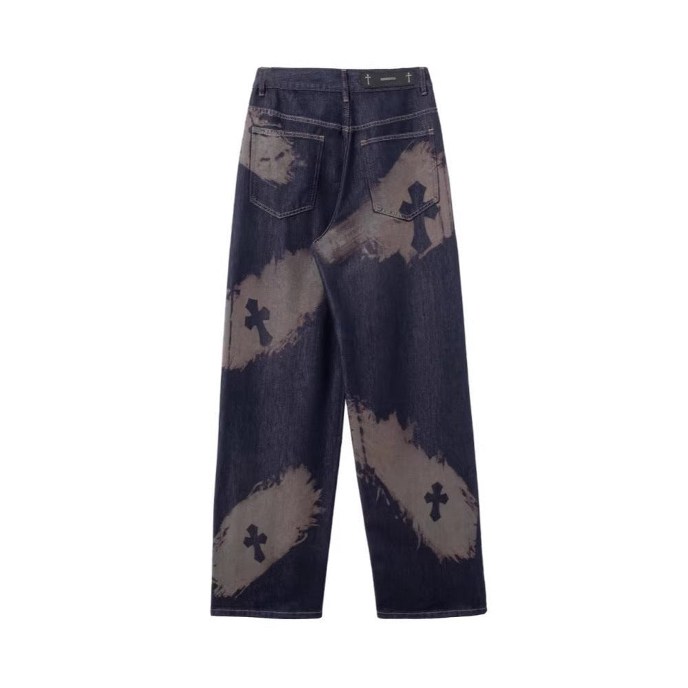 Cross Paint Graphic Wide Leg Denim Jeans WN27972