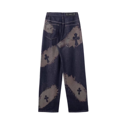 Cross Paint Graphic Wide Leg Denim Jeans WN27972