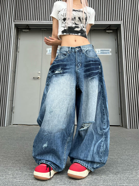 Wash Damege Baggy Denim Jeans WN24164