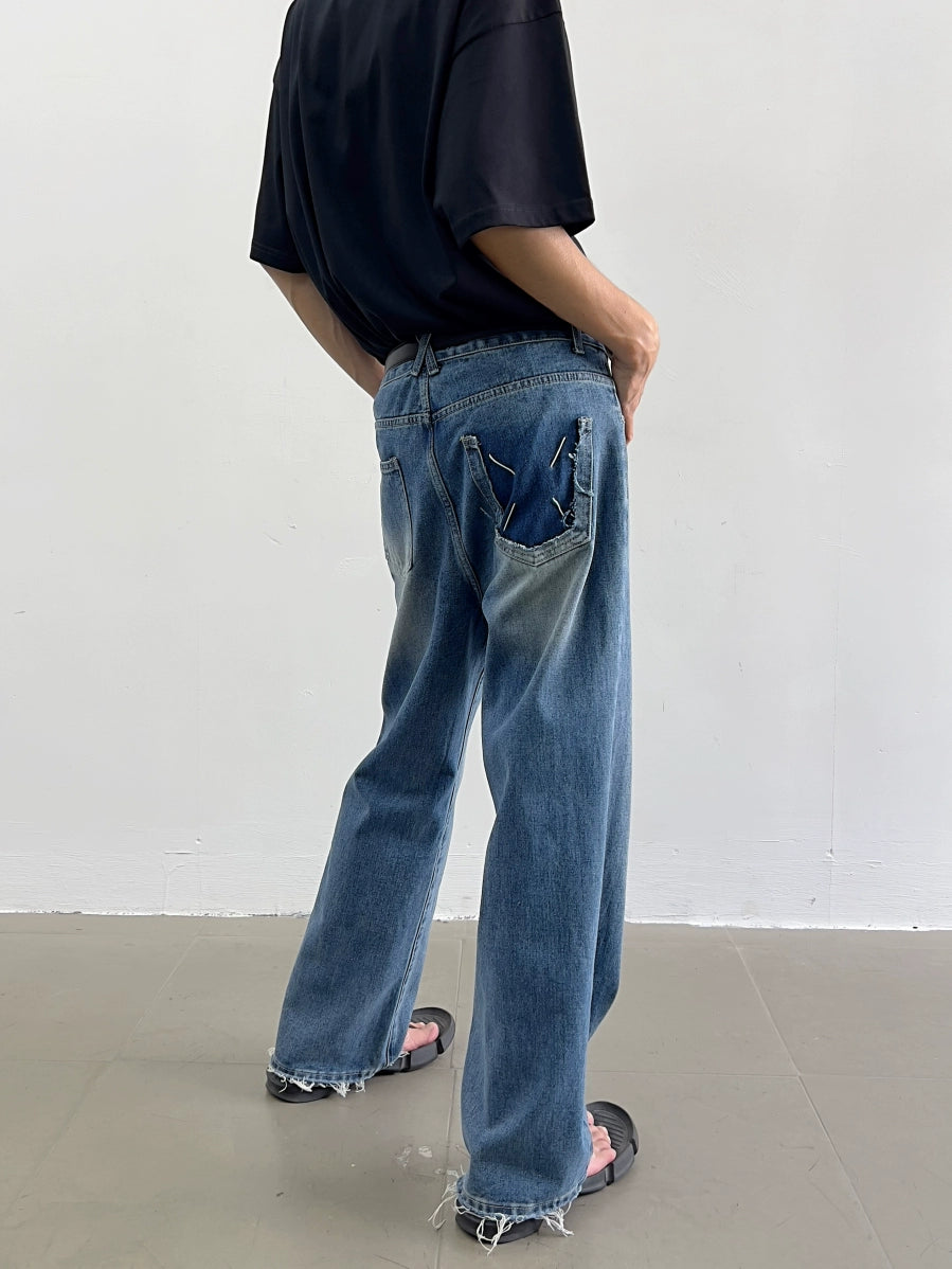 Raw-edge Wide-Leg Straight Denim Jeans WN7363