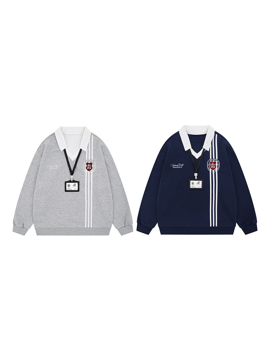 Stripe Embroidery V-Neck Polo Sweatshirt WN24157
