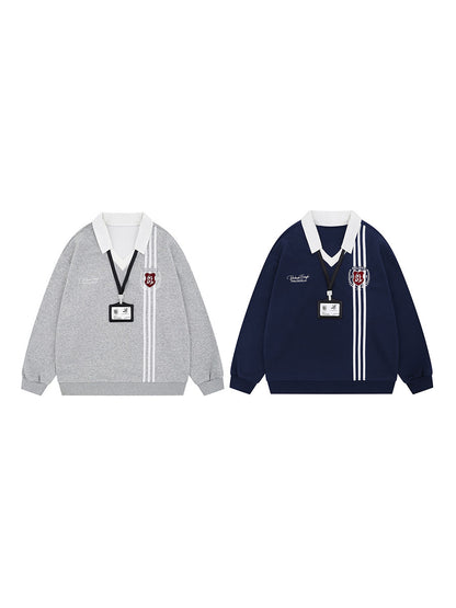Stripe Embroidery V-Neck Polo Sweatshirt WN24157